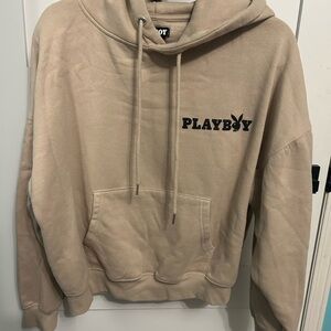 PLAYBOY Men's Tan Crewneck Hoodie with Black Logo